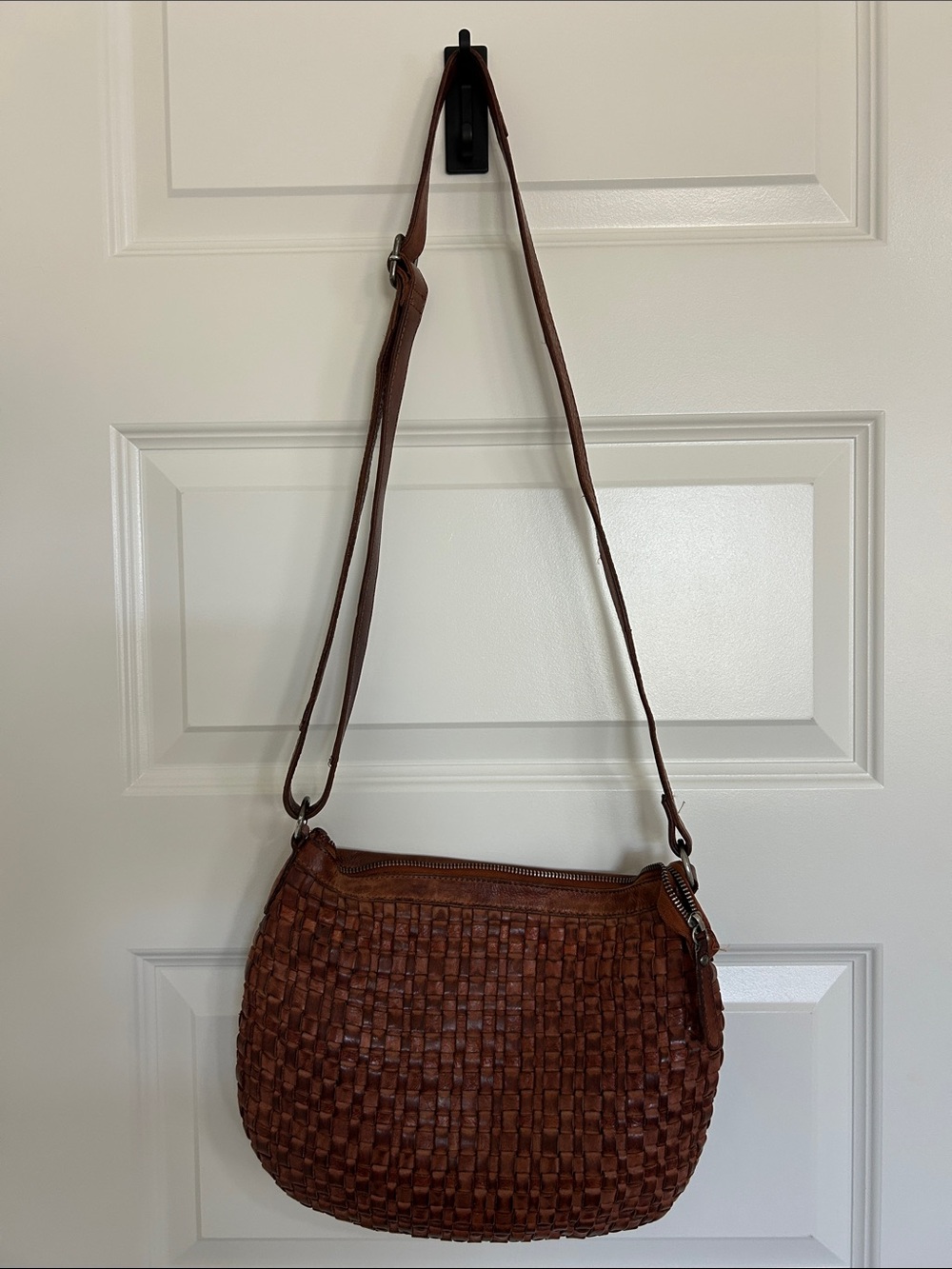 Woven Leather Crossbody Soft Bag in Brown